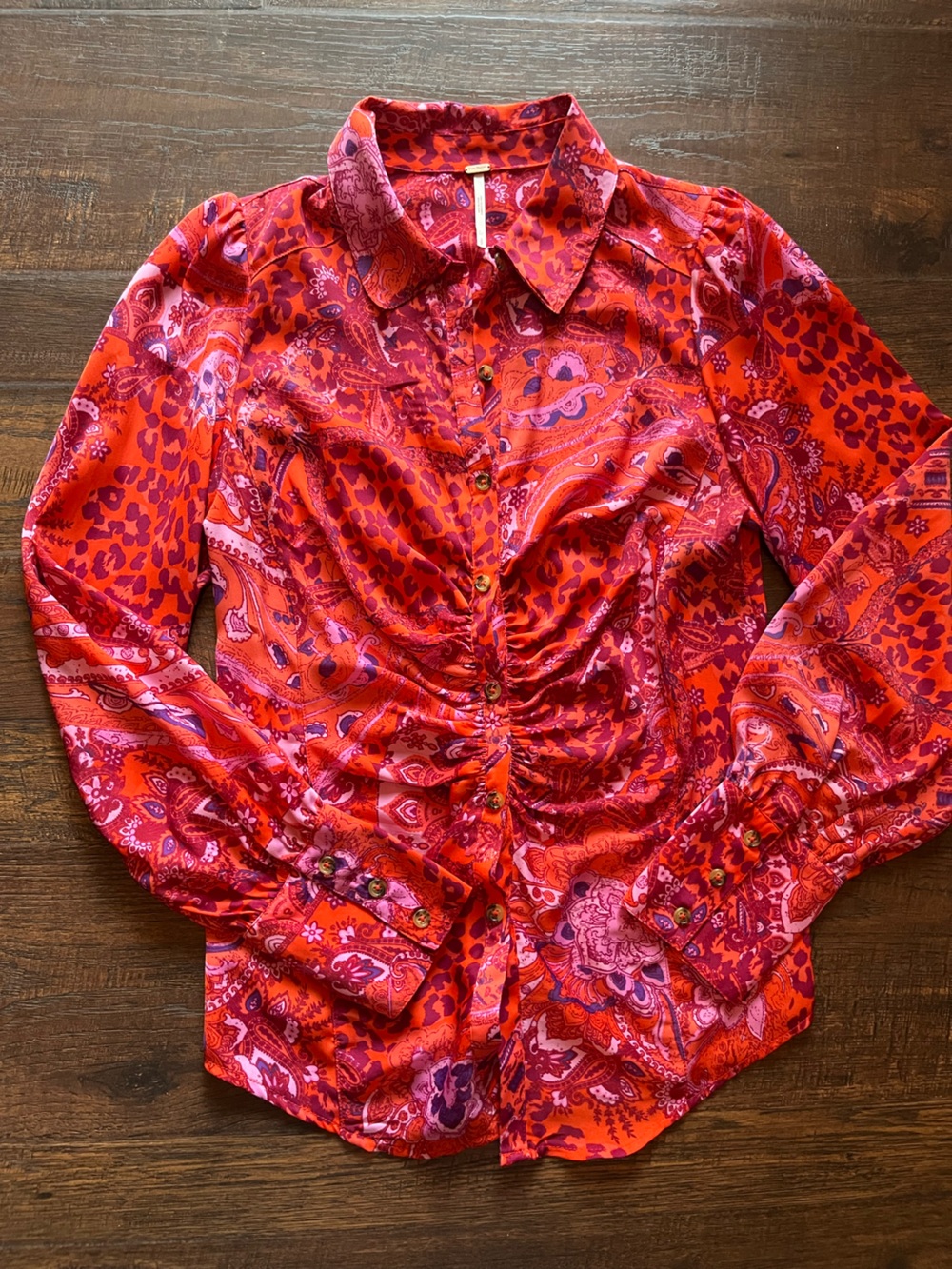 Free People Ruched Bianca Blouse w Cuff Button up Leopard Paisley